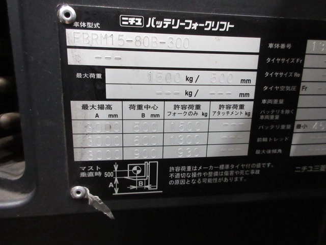 日本輸送機 ニチユ FBRM15-80B-300 1.5Tフォークリフト