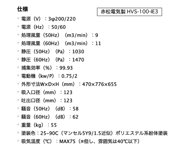 赤松電機製作所 ONIKAZE HVS-100-IE3 ミストコレクター