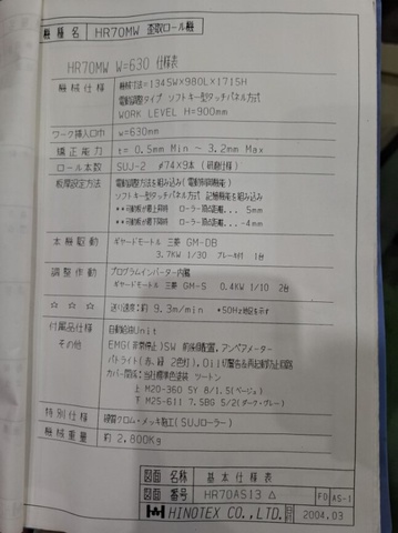ヒノテック HR-70MW 歪取りロール機