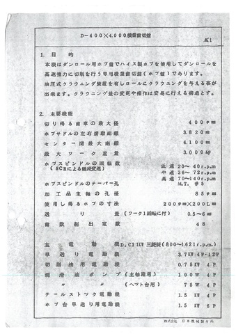 ニホンキカイ D-400-4000 橫型ホブ盤