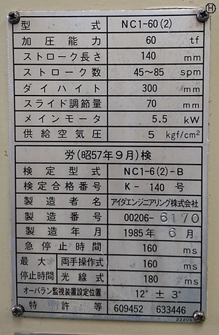 アイダエンジニアリング NC1-60(2) 60Tプレス